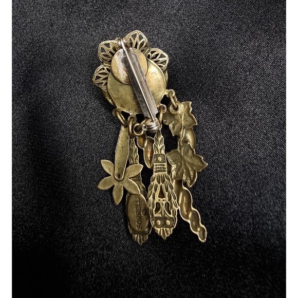Rare Find Vintage Sorrelli Gold-Tone Crystal Dangle Brooch With Intricate Charms - Picture 7 of 7